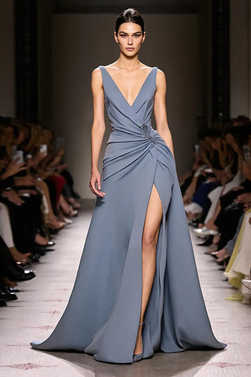 Grey Blue A Line Ruched V Neck Long Formal Dress with Slit